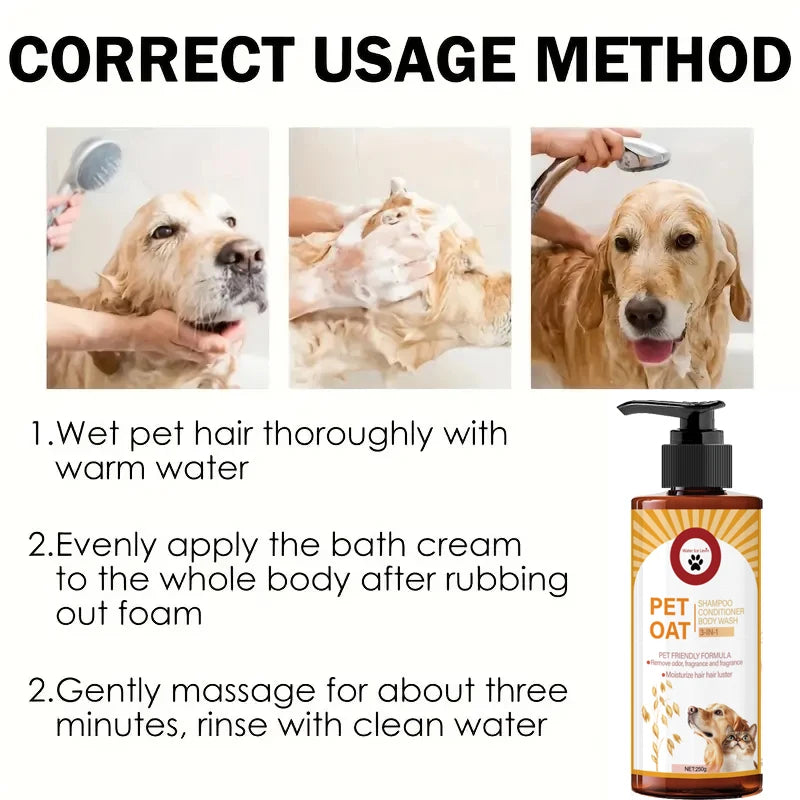 Pet shampoo; cleans fur, removes odors, makes fur soft and not dry, has a long-lasting fragrance, specially designed for pets, suitable for bathing dogs and cats