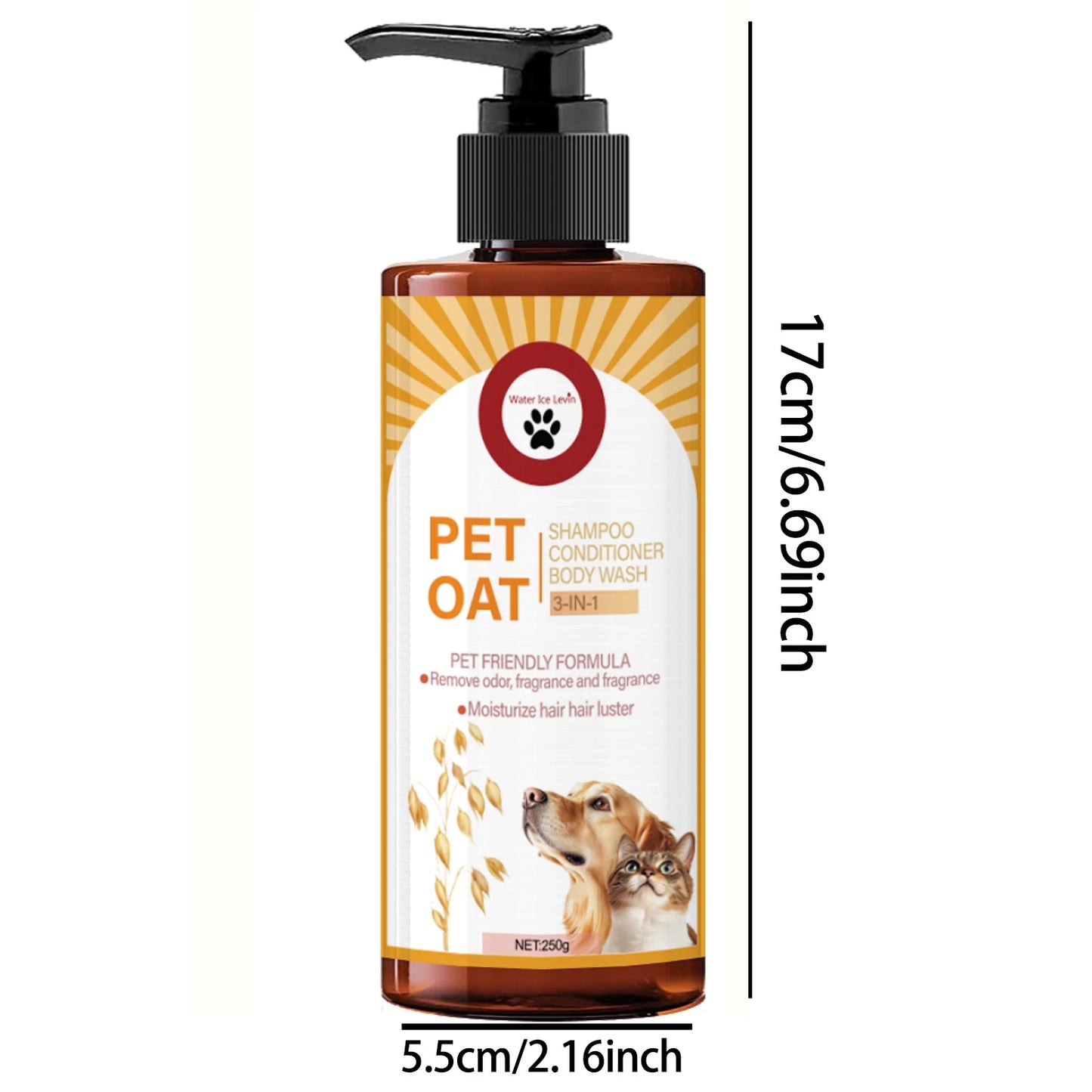 Pet shampoo; cleans fur, removes odors, makes fur soft and not dry, has a long-lasting fragrance, specially designed for pets, suitable for bathing dogs and cats